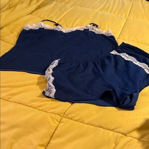 Navy Blue Lace Trim Sleepwear Set